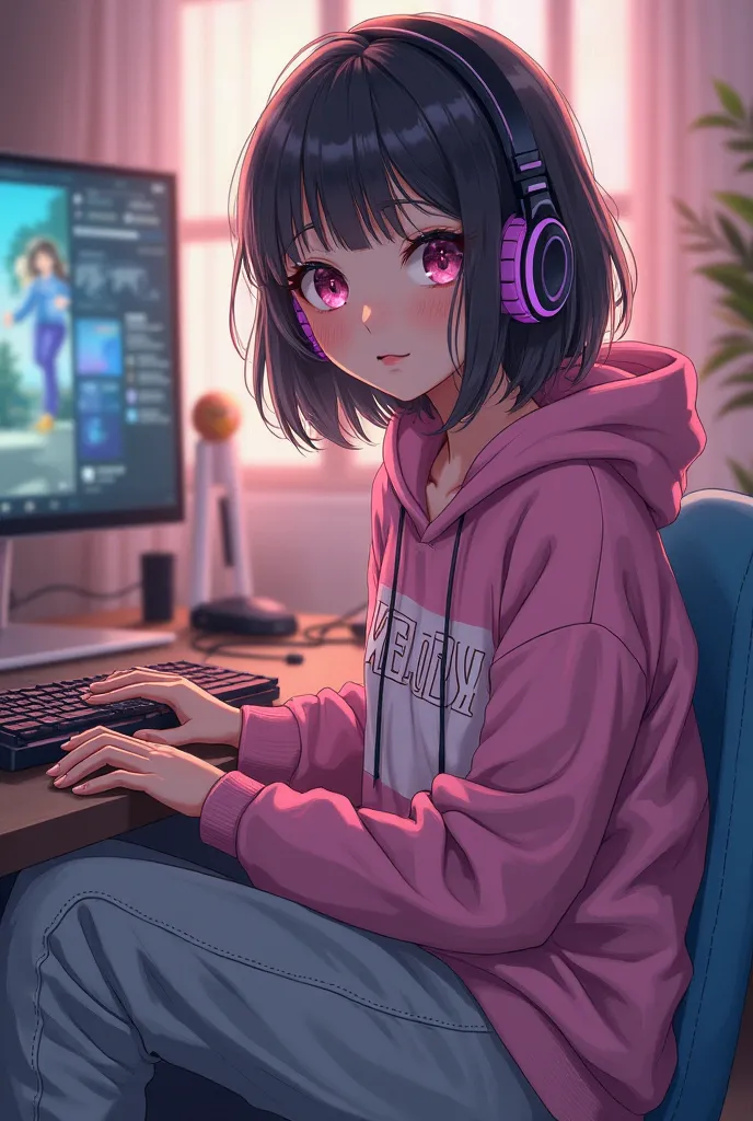 A anime girl gamer wearing a hoodie with a design name of "Melody" and jogger pants gray color