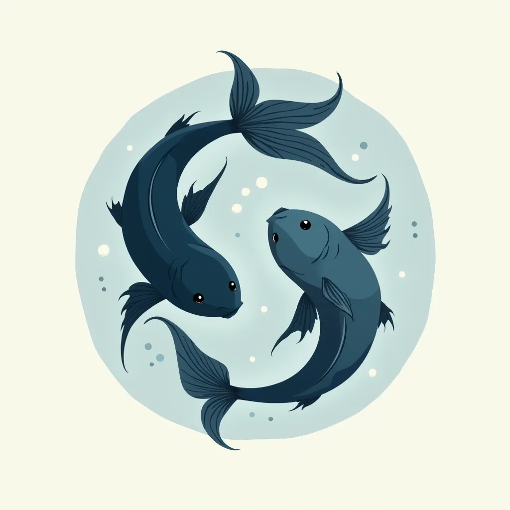 Draw two fish circling each other. Like yin and yang. Make them as simple as possible. Cartoon-like. AND dark blue.