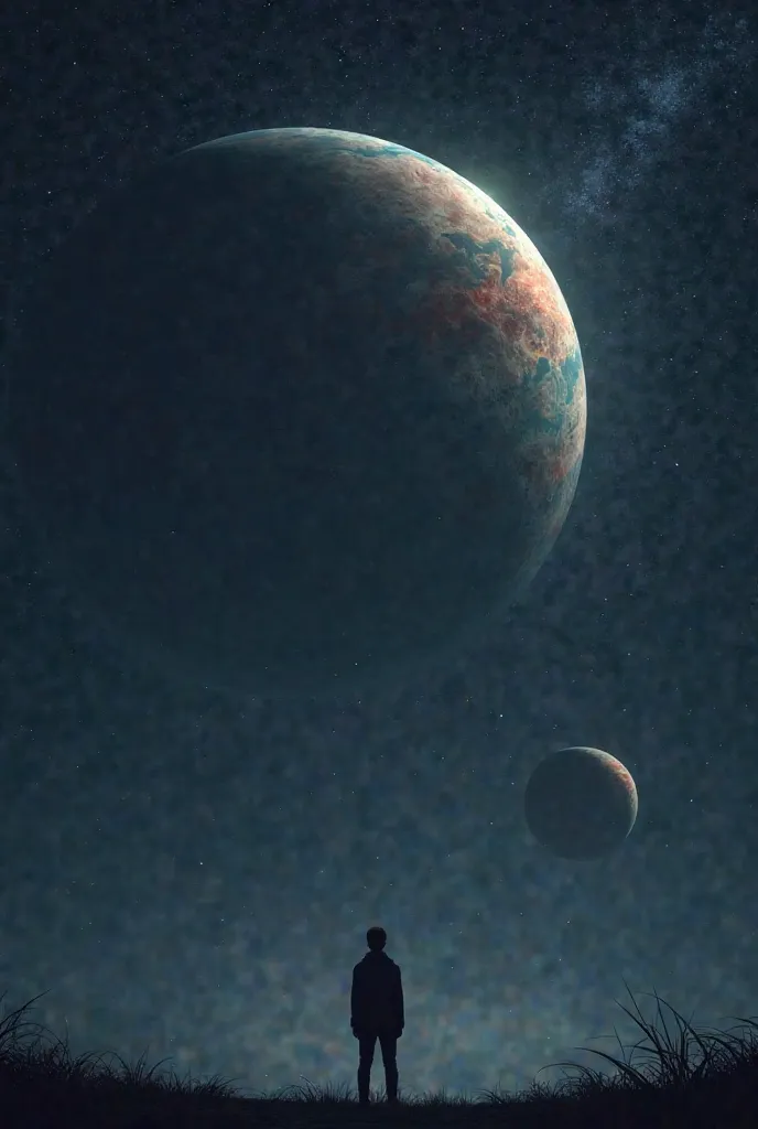 A person staring up at two powerful planets looming our the backround of the nights sky.