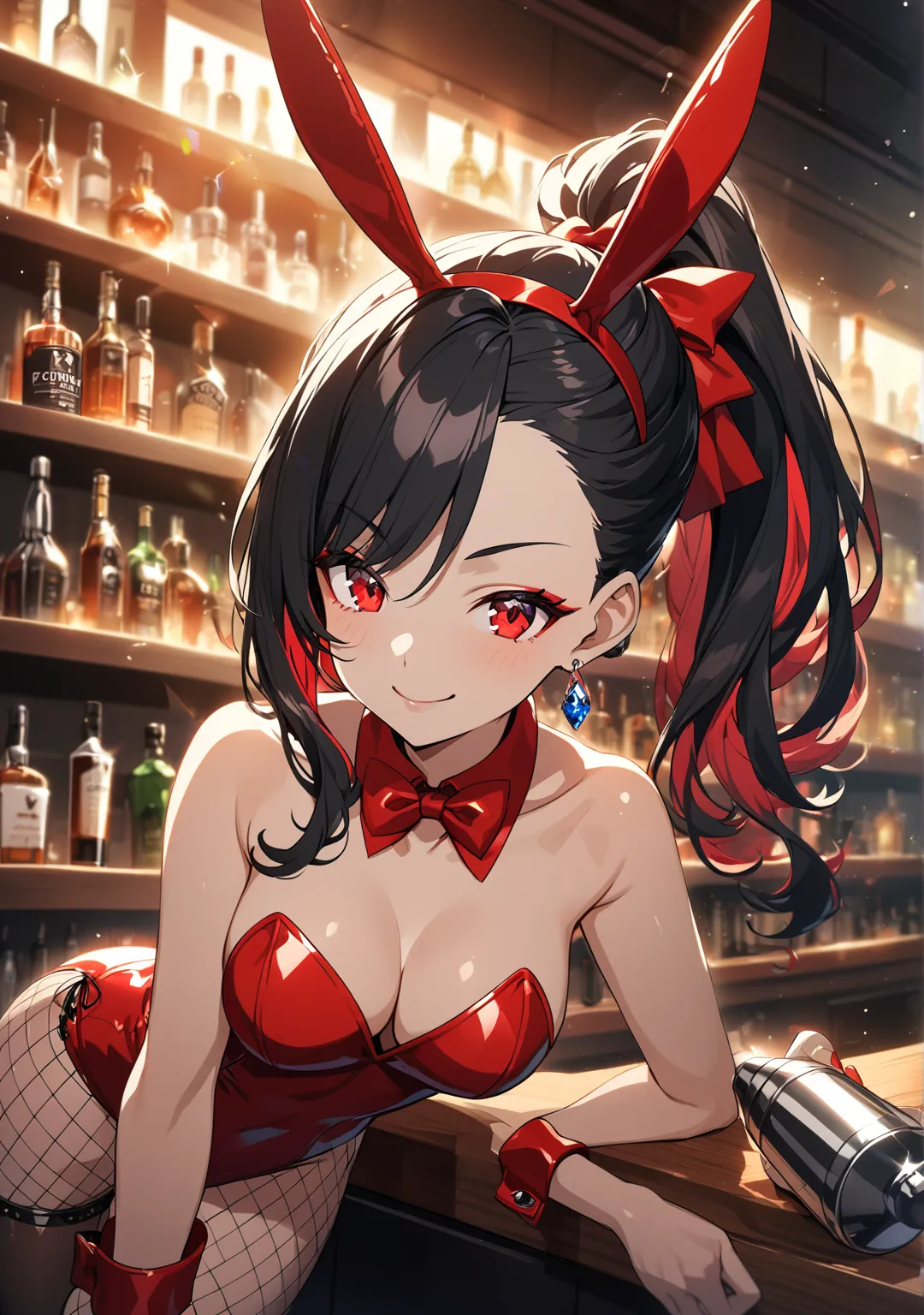 1 girl, Game CG, a stylish female bartender standing behind a bar counter, 
shallow depth of field, a portrait with a soft Gaussian blurred background, creating a dreamy atmosphere, focus on face, dutch angle, 
confident and slightly smirking expression, h...