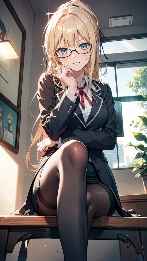 Blonde Hair, blue eyes, Blunt bangs, hair band, Princess Cut, ponytail long hair, happy smile, smile, Open your mouth,OL, Akagi glasses, Black suit jacket, Collared jacket, White dress shirt, Collared shirt, Neckline, button, Black pencil skirt, Black stoc...