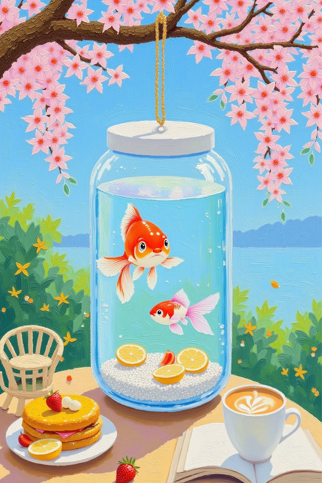 oil painting of a fish tank hanging from a tree with flowers, Ni Duan's vector art,  Pixiv Contest Winner ,  conceptual art, a beautiful  Artwork illustration, Japanese style painting , The floating goldfish  , Japanese art style,  Chinese Style Painting ,...