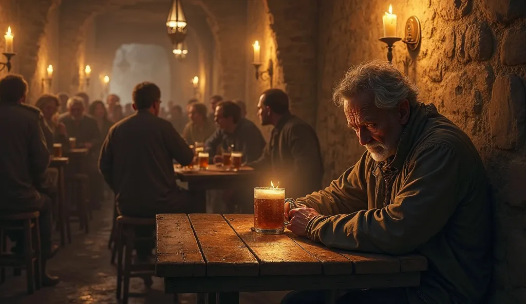 Sitting in the corner at a wooden table, in front of him is a mug of ale. The rest of the visitors look at him cautiously. He silently watches people having fun, staring into the candle flame.