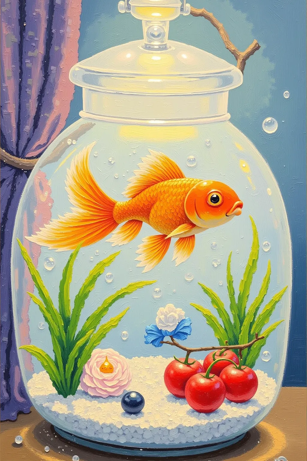 挂在树上的fish tank里有一条金鱼, By Ju Lian, A beautiful illustration , The floating goldfish  , author：Li Song, by Li Mei-shu, by Qu Leilei, lamp ( ( ( fish tank ) ) ) ), by Li Fangying, author：The J, author：Yi Yinwen, Acrylic Art, Fan Art, author：Ni Duan
