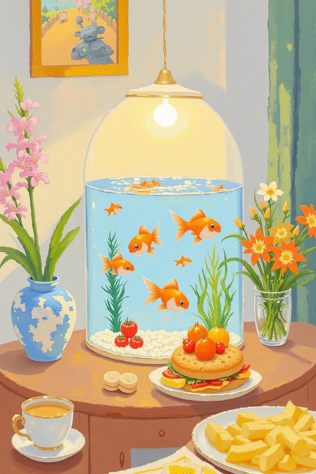 挂在树上的fish tank里有一条金鱼, 由Ju Lian创作的 conceptual art, pixiv,  conceptual art, A beautiful illustration , The floating goldfish  , lamp ( ( ( fish tank ) ) ) ), Acrylic Art, Fan Art, Cute detail digital art,  Featured Art , Illustration Art,  Background Artwork...