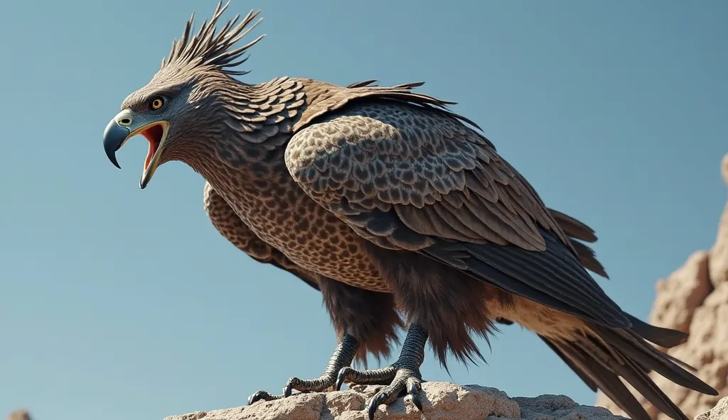 pores and detailed,  intricate detail ,  graceful and beautiful textures, RAW photo, 16k, sharp focus, cinematographic lighting,Create an extreme realistic artificial intelligence photo of Can you make a muscular gray feathered eagle The tallest plume behi...