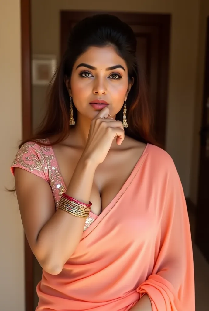 Priyanka is 40 year old Indian wife, with almond-shaped eyes, warm brown skin, black hair that styled, cascading down to her shoulders. Her has hourglass figure, with 38DD size breasts, a thick waist, bulging butt, wearing a loosely worn, fancy peach saree...