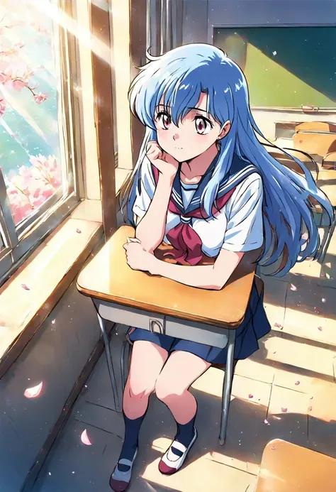 Cheonjo-in Katsura，Blue Hair，corner，Look at the view from the window，table，breeze，petal，chin,classroom,sitting on chair, serafuku, uwabaki,cinematic angle ,sunlight,masterpiece,god rays,