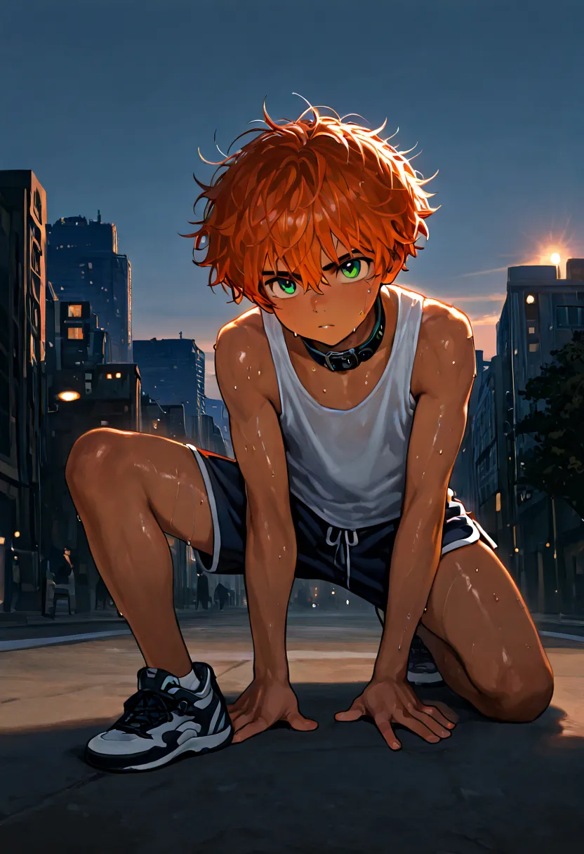 1boy, young male, 18yrs old, brown skin, sweat, dolphin shorts, tank top, fingerless grove, shoes, collar, fighting pose, sunshine, short hair, messy hair, orange hair, green eyes, cinematic lighting, masterpiece, best quality, city square, hong kong