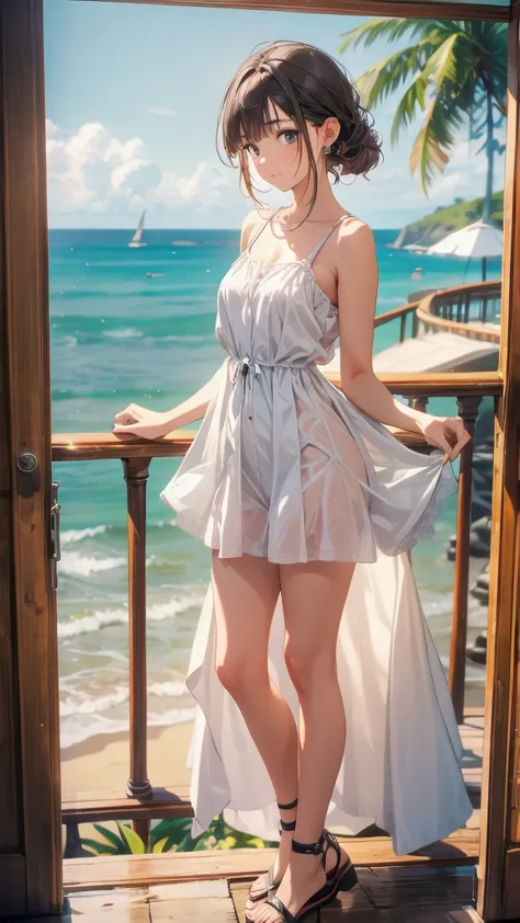 A young woman standing by a quiet beach, positioned on the right side of the frame. The vast ocean stretches out in the middle, while lush green cliffs rise on the left. She wears a light summer dress, holding a seashell close to her ear, lost in thought.