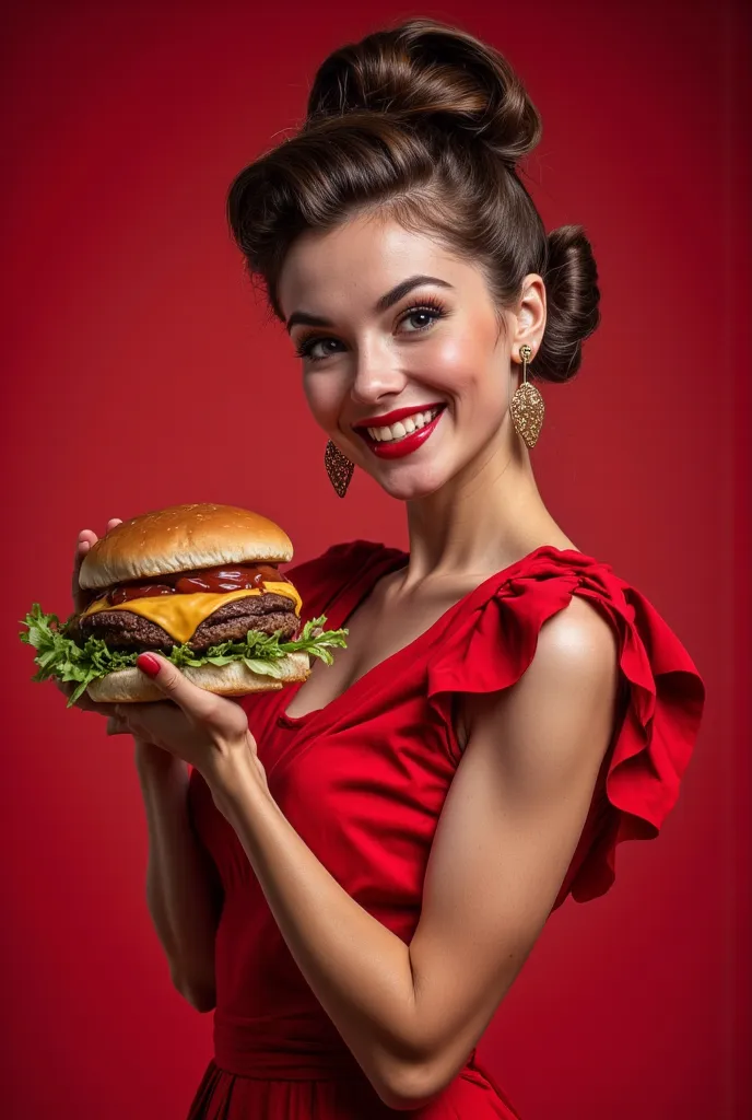 A YOUNG WOMAN WITH FLAWLESS SKIN, STYLED IN A VINTAGE 1950S LOOK, WITH NEATLY ARRANGED CHESTNUT BROWN HAIR AND GOLDEN EARRINGS, SMILES WHILE HOLDING A JUICY BURGER WITH MELTED CHEESE, LETTUCE, AND KETCHUP. SHE IS DRESSED IN AN ELEGANT RED DRESS THAT PERFEC...