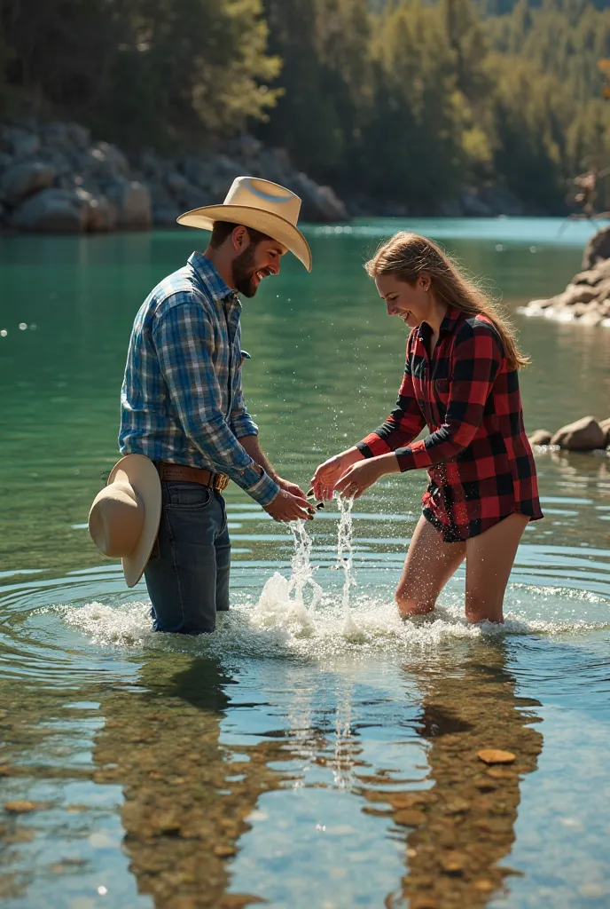 Cowboy in a blue and white checkered shirt tossing pebbles into a crystal-clear river, hat beside him, and cowgirl in a red and black checkered shirt, barefoot, feet in the water, splashing him, both laughing, reflection in the water, sunny afternoon, medi...