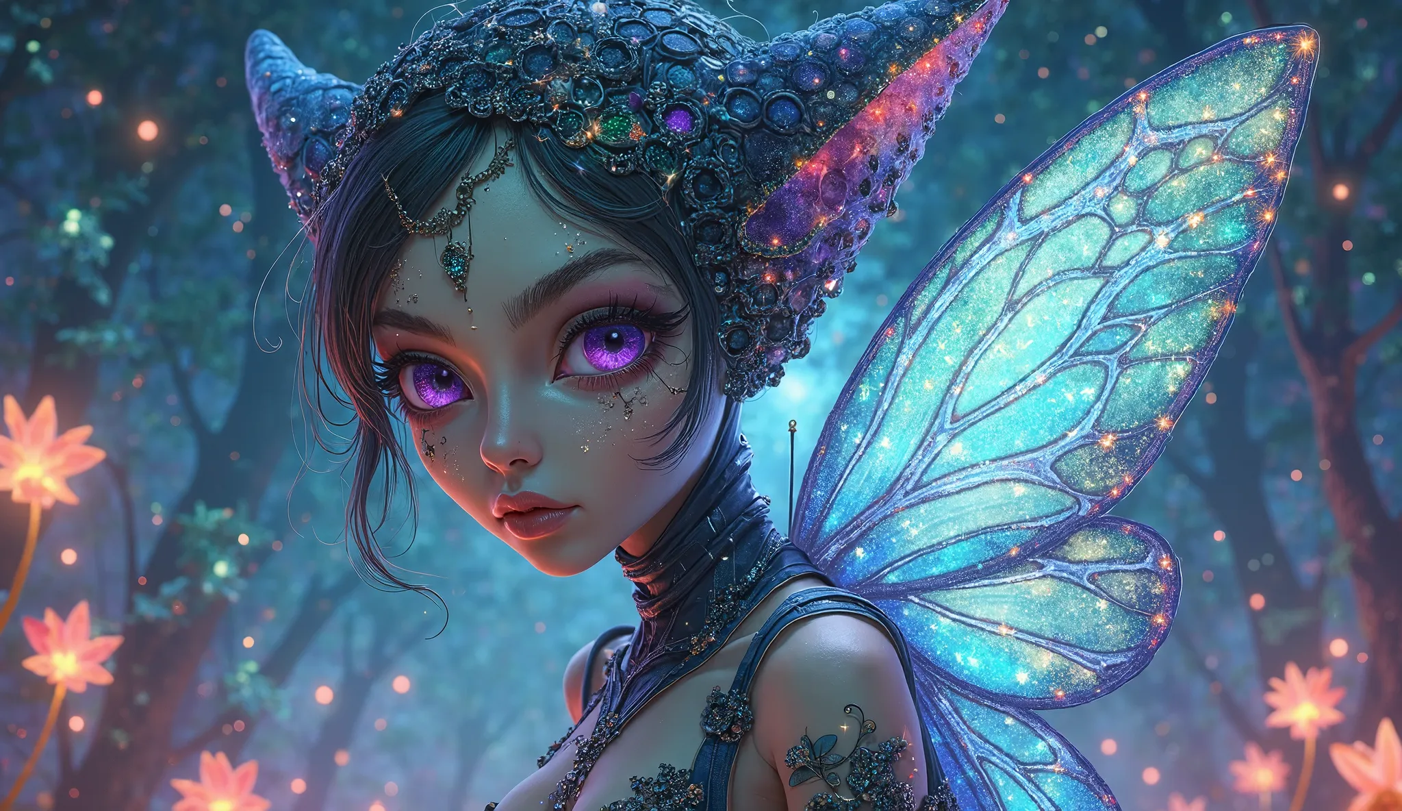 Create a highly detailed illustration of an alien girl with an otherworldly appearance. She has iridescent skin that shimmers in shades of blue and green, with intricate patterns resembling constellations. Her large, expressive eyes are a deep violet, refl...