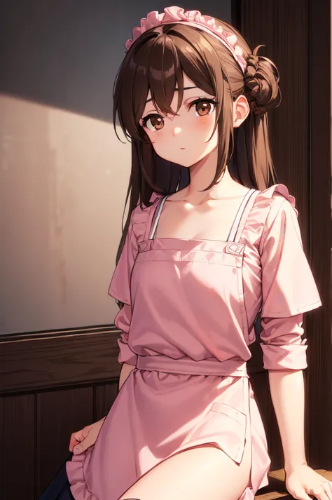 (brown eyes:1.7), brown hair, Hair Accessory, hair crunch, long hair,  pink scrunchies, scrunchie , (flat chest:1.2),
break apron, blouse, collarbone, layered skirt, pink  shirt,  shirt, short sleeve, skirt, Yellow apron,
break looking at viewer,
break ind...