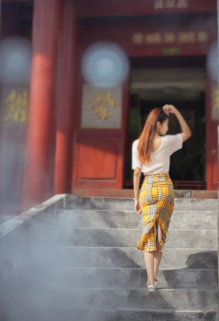 There is a woman walking down the stairs of a building, The portrait of Nezha in traditional Chinese clothing, Wearing clothes,  of the Chinese city of China , In front of the temple , 🤬 🤮 💕 🎀, Wear a skirt, Dressed in red and yellow clothes, in old street...