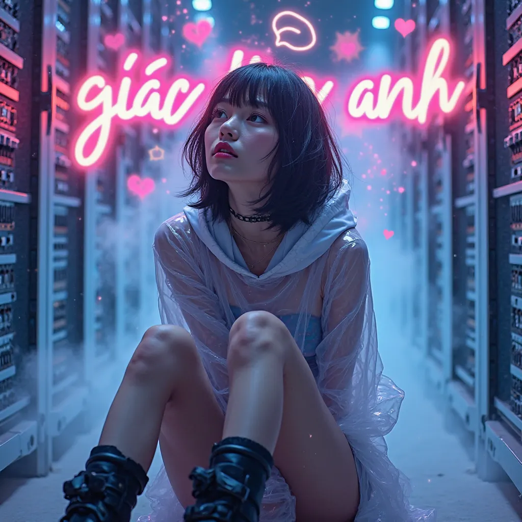 
Angle from below 8k,  Japanese woman, pretty face, short cut hair, bangs, black hair, bangs, blurred background, blur, background is future high-tech server room neon, chromatic aberration, knee high, looking up, motion blur, Photo_Curly, future robot arm...