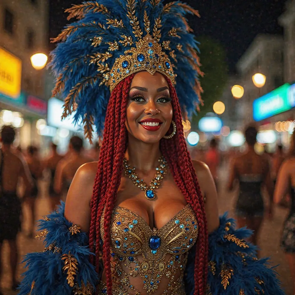 24-year-old woman cintiie diceer red hair African braids,  long eyelashes natural makeup red lips green eyes  , full lips with gloss, Laughing hourglass full pear a little wide curvy with big boobs and bulky, carnival costume in deep blue and gold tones, w...