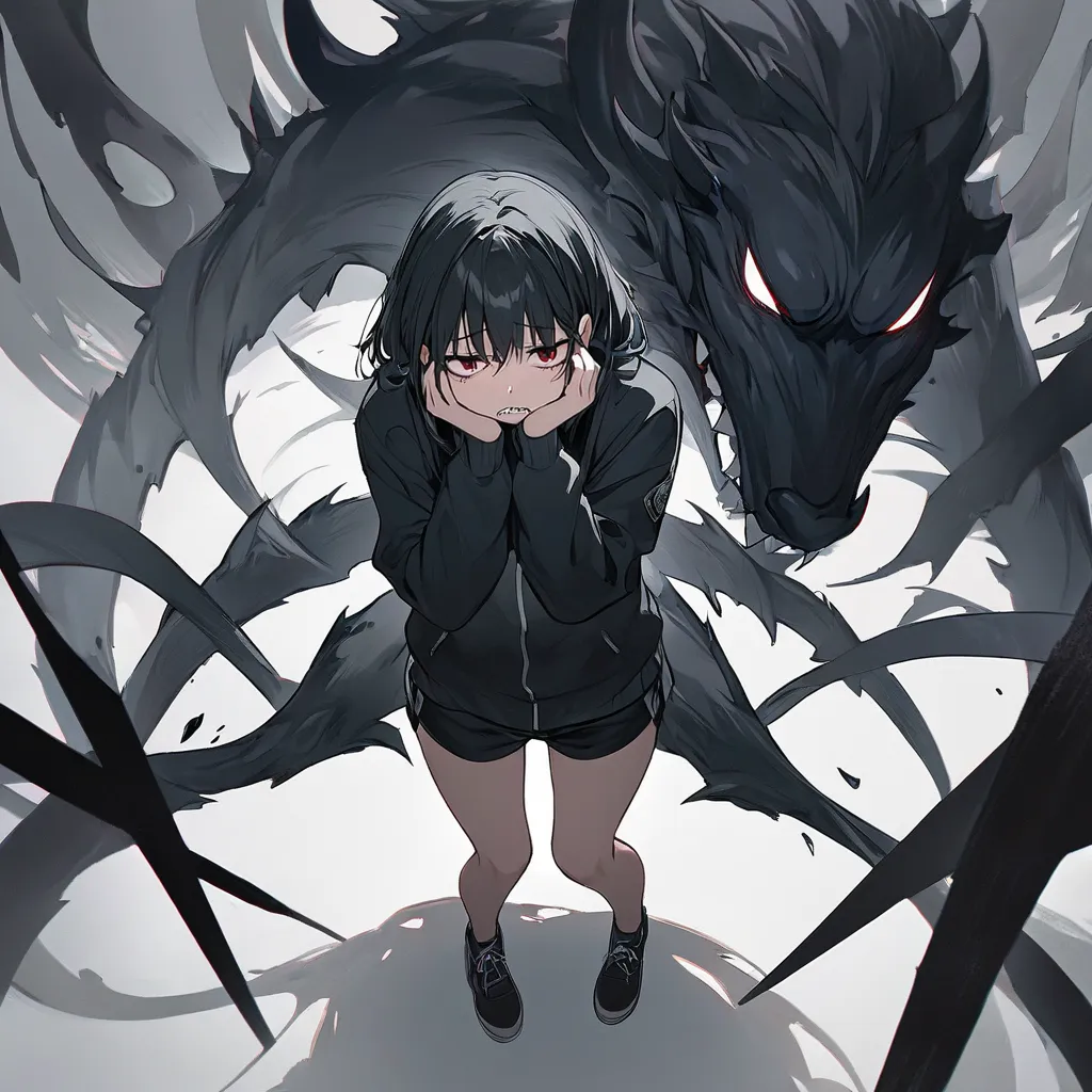 age girl, Asian ethnicity, approximately , sits hunched in despair, head in hands,  with a large, menacing, dark, shadowy figure looming over her.  The figure resembles a monstrous animal with large, jagged teeth and gaping maw.  The girl is wearing simple...