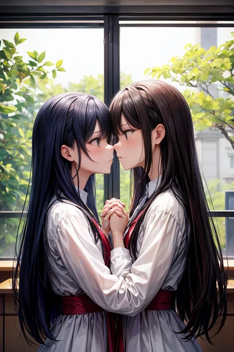  two girls，angry expression on the face，Equal height， in the classroom，黒hairと金hair， facing each other ，  they hug each other ， The two bodies were close to each other  ，{{kiss、Photo of two people、they are holding hands and facing each other、Picture of two ...