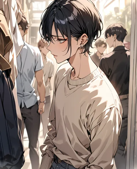 ((masterpiece, best quality)), androgynous male, feminine features, short hair, bob cut, delicate jawline, soft eyes, long eyelashes, slender build, slightly feminine body shape, gentle expression, fair skin, subtle makeup, ear piercings, casual stylish cl...