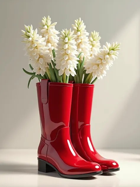 Photorealistic red lacquer women's short boots, in which there are bouquets of white geocinths as if in a vase