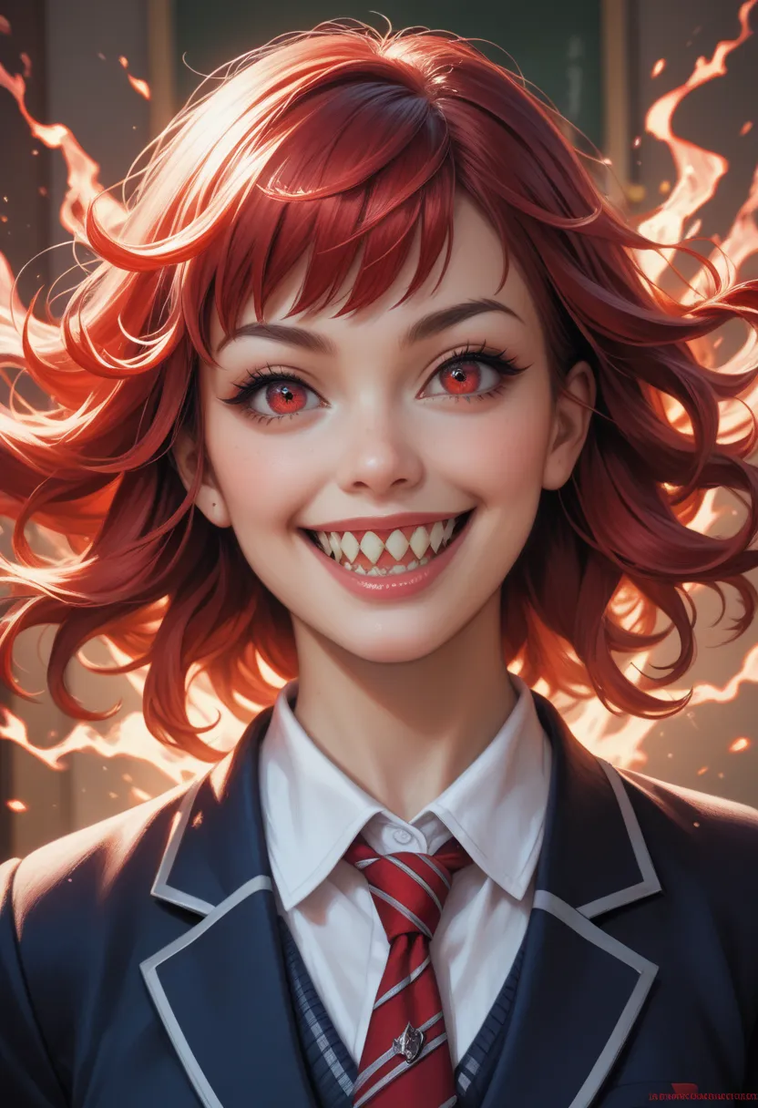 1girl, red hair, red eyes, glowing, smiling, in school uniform, sharp teeth, detailed facial features, delicate posture, masterpiece, 8K, ultra-detailed, realistic, vivid colors, sharp focus, school environment, glowing aura, dramatic lighting, anime art s...