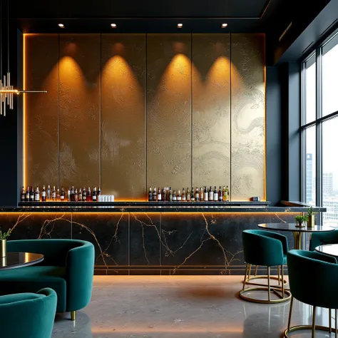 realistic photo, best quality, no humans, high-end bar is defined by its stunning metallic art wall, where intricate gold and silver patterns shimmer against a matte obsidian backdrop. The reflective mural shifts with the light, adding depth and a dynamic,...