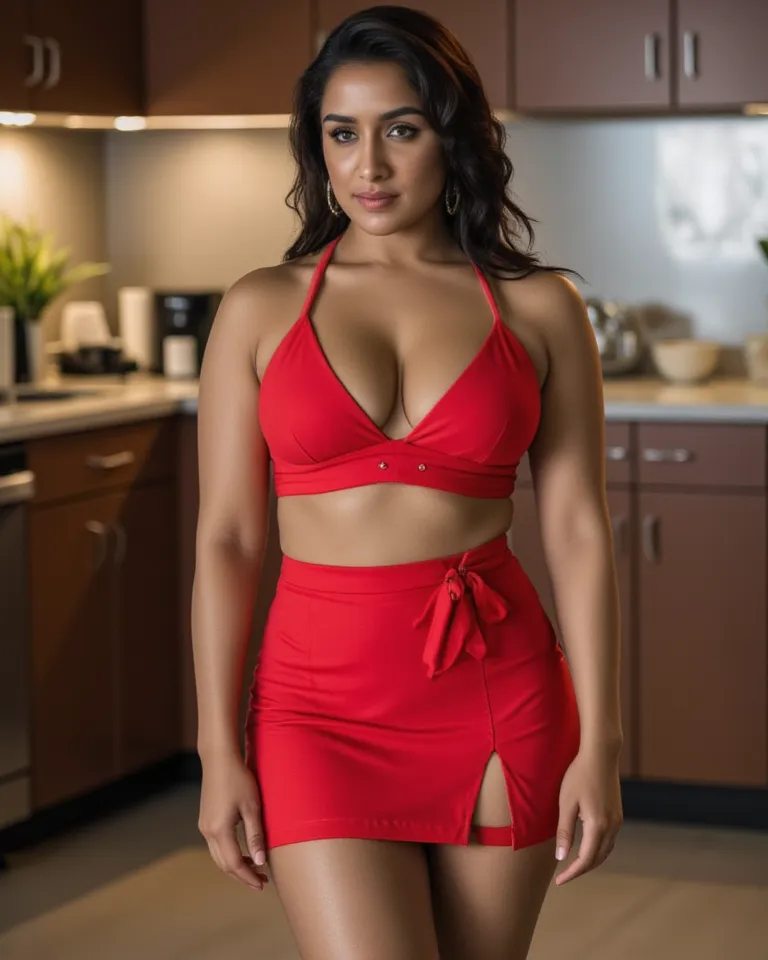 Indian woman, dressed hot office out fit, deep cleavage, sexy looks, sexy thighs, high heels, red mini skirt, open legs, showing white Panty, 