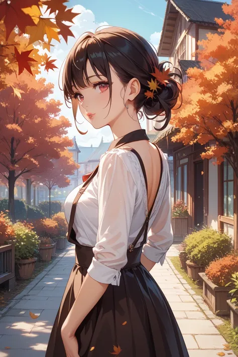 A girl with black hair up to her waist, red eyes, and a beautiful face、red glossy lips、Oshitakoshi、Sit with slender legs 、Skin is exposed、autumnっぽいドレス，Brown Beauty　Figure standing up and looking back，Overflowing with smiles、green，autumn