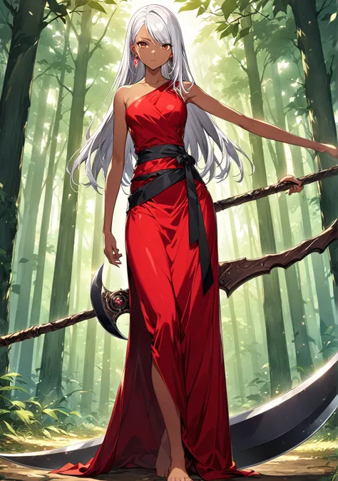  highres, official art, slender, young girl, tanned skin, straight hair, curi inside hair, asymmetrical bangs, white hair, expressionless, medium breasts, midriff peek, many earrings, bare shoulder, bare foot, standing, full body, outdoor, forest, aiming a...