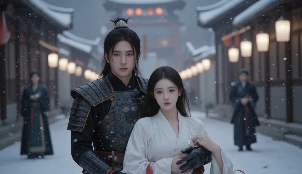 A semi-realistic, deeply melancholic frontal scene set in ancient China, capturing silent remorse and tragic love. A warrior in ornate black armor faces forward, his anguished face fully visible—eyes downcast with unshed tears, lips trembling with suppress...