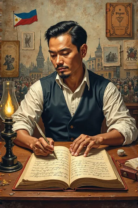 A highly detailed, hand-drawn-style poster about the history of José Rizal's writing of El Filibusterismo. The central focus is José Rizal seated at a wooden desk, writing with a quill on parchment, surrounded by books, manuscripts, and an oil lamp casting...