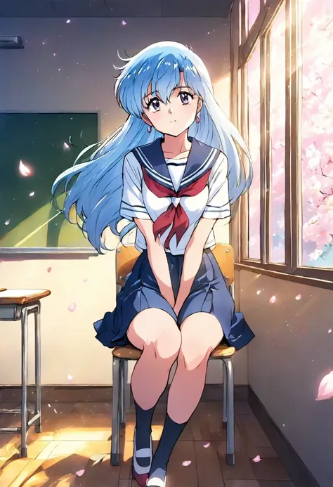 Cheonjo-in Katsura，Blue Hair，corner，Look at the view from the window，table，breeze，petal，chin,classroom,sitting on chair, serafuku, uwabaki,cinematic angle ,sunlight,masterpiece,god rays,