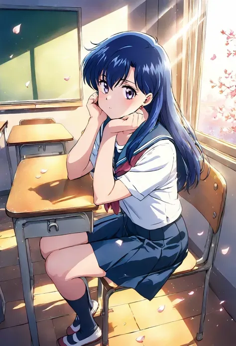 Cheonjo-in Katsura，Blue Hair，corner，Look at the view from the window，table，breeze，petal，chin,classroom,sitting on chair, serafuku, uwabaki,cinematic angle ,sunlight,masterpiece,god rays,