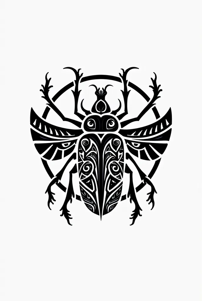 A symbol of a beetle in the style of Aztec or Mayan tapestry black and white simple circle