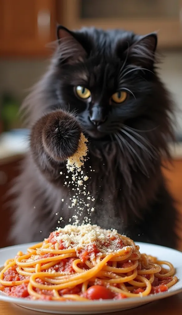 A fluffy black cat carefully sprinkling grated Parmesan cheese over a plate of freshly plated spaghetti with rich tomato sauce. The cat is focused, gently shaking the cheese over the pasta, ensuring even coverage. The spaghetti looks perfectly coated in th...