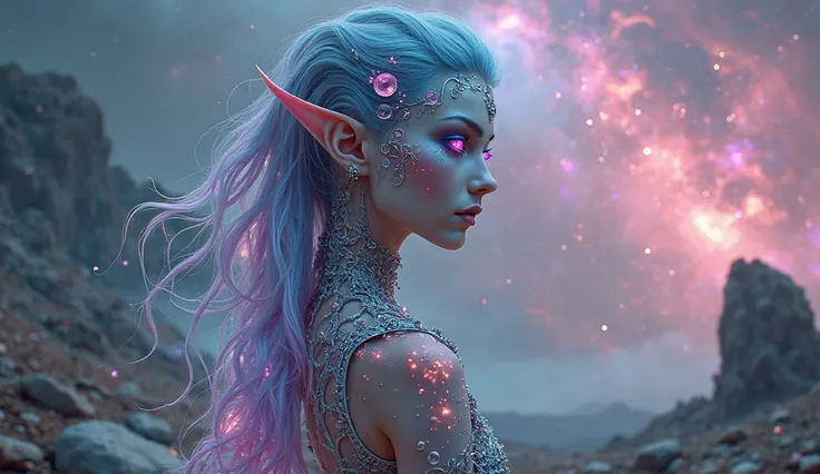 Imagine a striking alien girl standing on a rocky alien terrain under a swirling nebula sky. She has vibrant, multicolored hair that flows like liquid light, shifting hues with her movements. Her skin is a deep, shimmering silver, adorned with bioluminesce...