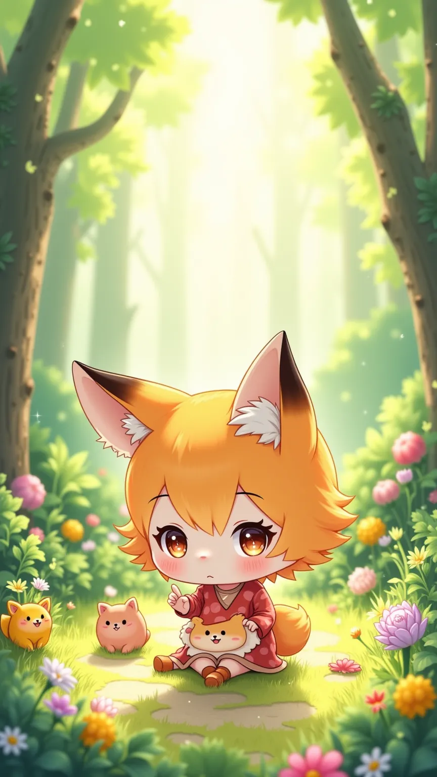 theme: 超ミニのちびキャラの可愛いFox Girl
シーン: 小さな森の中で遊んでいるFox Girl。Try generating an image of a cute fox girl。
Appearance:
Fox Girl: Very small、Adorable ratio。has big ears and a fluffy tail、has a bright orange coat。her big eyes are shining brightly。
clothing: cute fox...