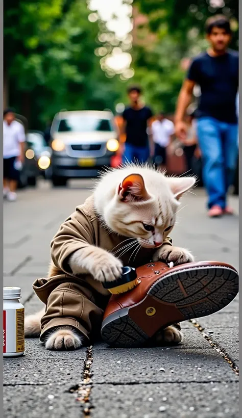 A cat polishing a shoes 