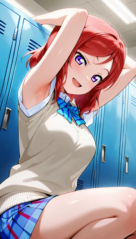 lovelive_maki,
sweater vest, short sleeves, blue plaid skirt, blue stripe bowtie, breasts, red hair, medium hair, purple eyes

,BREAK, armpit, arms over head, focus on armpit,
smile, ,scorn,open mouth, (cheerful),looking down at viewer,\(red blush\), embar...