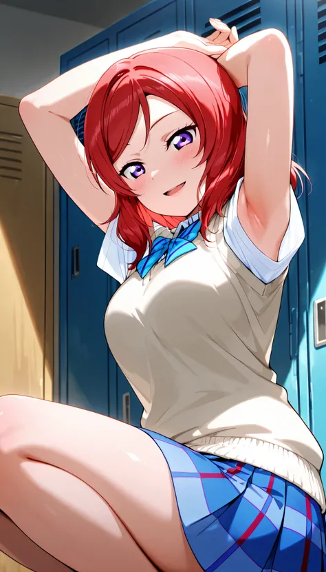 lovelive_maki,
sweater vest, short sleeves, blue plaid skirt, blue stripe bowtie, breasts, red hair, medium hair, purple eyes

,BREAK, armpit, arms over head, focus on armpit,
smile, ,scorn,open mouth, (cheerful),looking down at viewer,\(red blush\), embar...