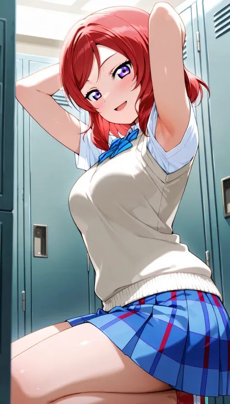 lovelive_maki,
sweater vest, short sleeves, blue plaid skirt, blue stripe bowtie, breasts, red hair, medium hair, purple eyes

,BREAK, armpit, arms over head, focus on armpit,
smile, ,scorn,open mouth, (cheerful),looking down at viewer,\(red blush\), embar...
