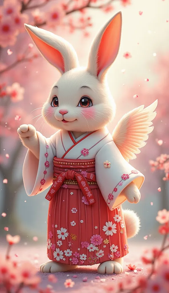 Rabbit　 hakama　It has wings　Cherry blossoms are dancing　cute