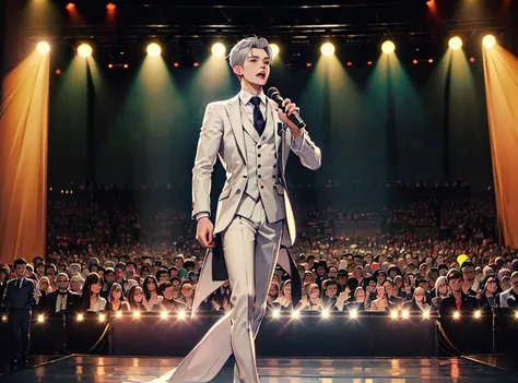 ((Highest quality，masterpiece，Extremely sophisticated details，long distance whole body view，A handsome Korean-style man with short silver hair sings on the concert stage，The spotlight shines on you，Wearing a boss&#39;s formal short black suit without tie a...