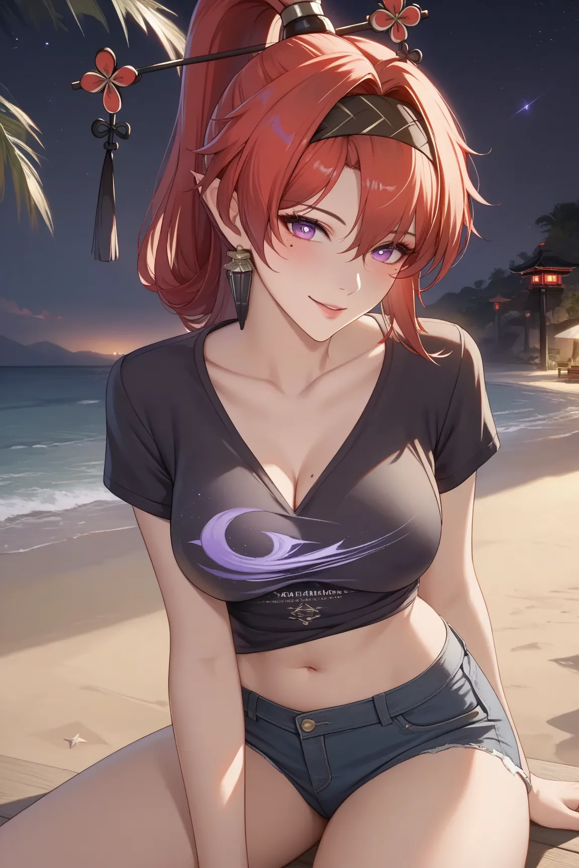 (((cowboy shot, cinematic lighting, midnight, night, dark))), ((Yinlin, red hair, mole under eye, purple eyes, hair stick, hair ornament)), (t-shirt, navel, short jeans, beach), 1girl, medium breasts, huge butt, thick thighs, sensual woman, mature female, ...