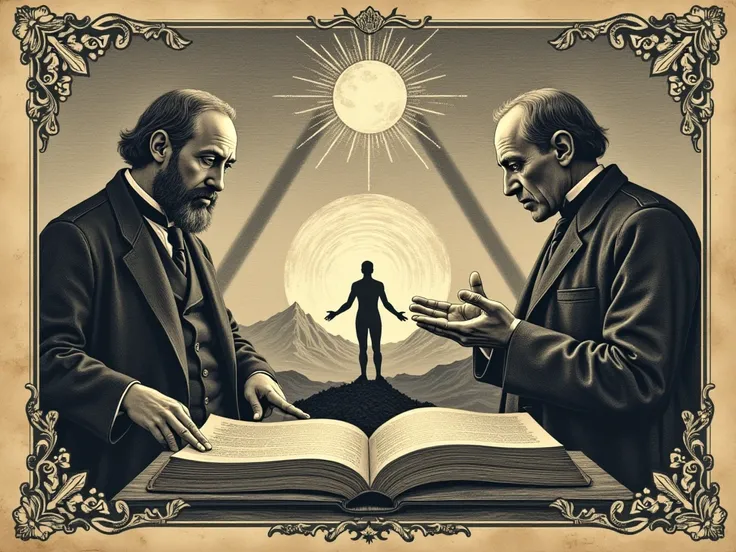 A vintage-style illustration, inspired by 19th century engravings, with sepia tones and black and white.  in the center, a symbolic triangle formed by three figures: Dostoevsky, Carl Jung and Friedrich Nietzsche, each represented in an iconic way. Dostoevs...