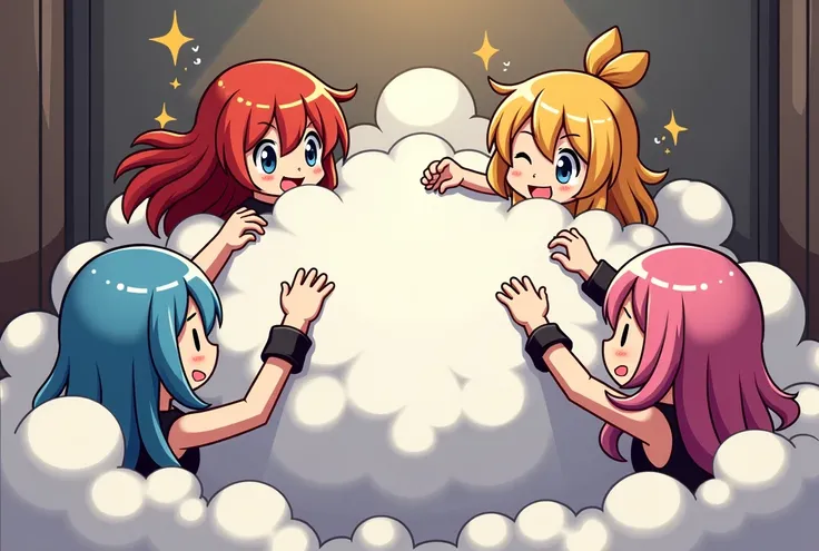 An anime-style illustration depicting many spy-girls playfully wrestling with each other inside a hotel room comical fight cloud.
each spy-girl has different colored hair.
their faces,hands,and feet are visible emerging from the cloud as they tussle humoro...