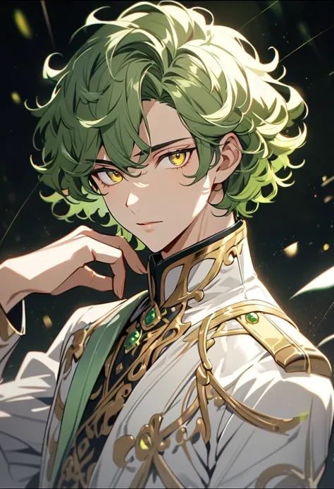 male, solo, handsome, green hair, yellow eyes, short hair, curly hair, beautiful eyes, adult , beautiful color, white coat, short hair, rich, nice pose, 