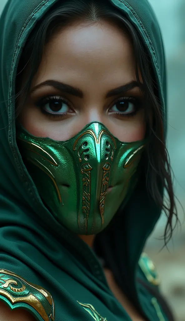 Here is a detailed prompt to generate an image ** super realistic** by Gal Gadot as **jade**, focused **only on the face**, with a very detailed and shiny metallic green mask, and an impactful background: --- **"Close-up hiper-realista do rosto by Gal Gado...