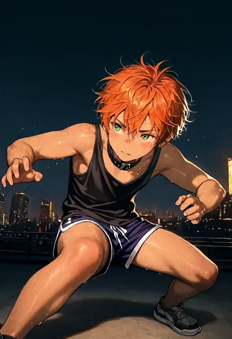 1boy, young male, 18yrs old, brown skin, sweat, dolphin shorts, tank top, fingerless grove, shoes, collar, fighting pose, sunshine, short hair, messy hair, orange hair, green eyes, cinematic lighting, masterpiece, best quality, city square, hong kong